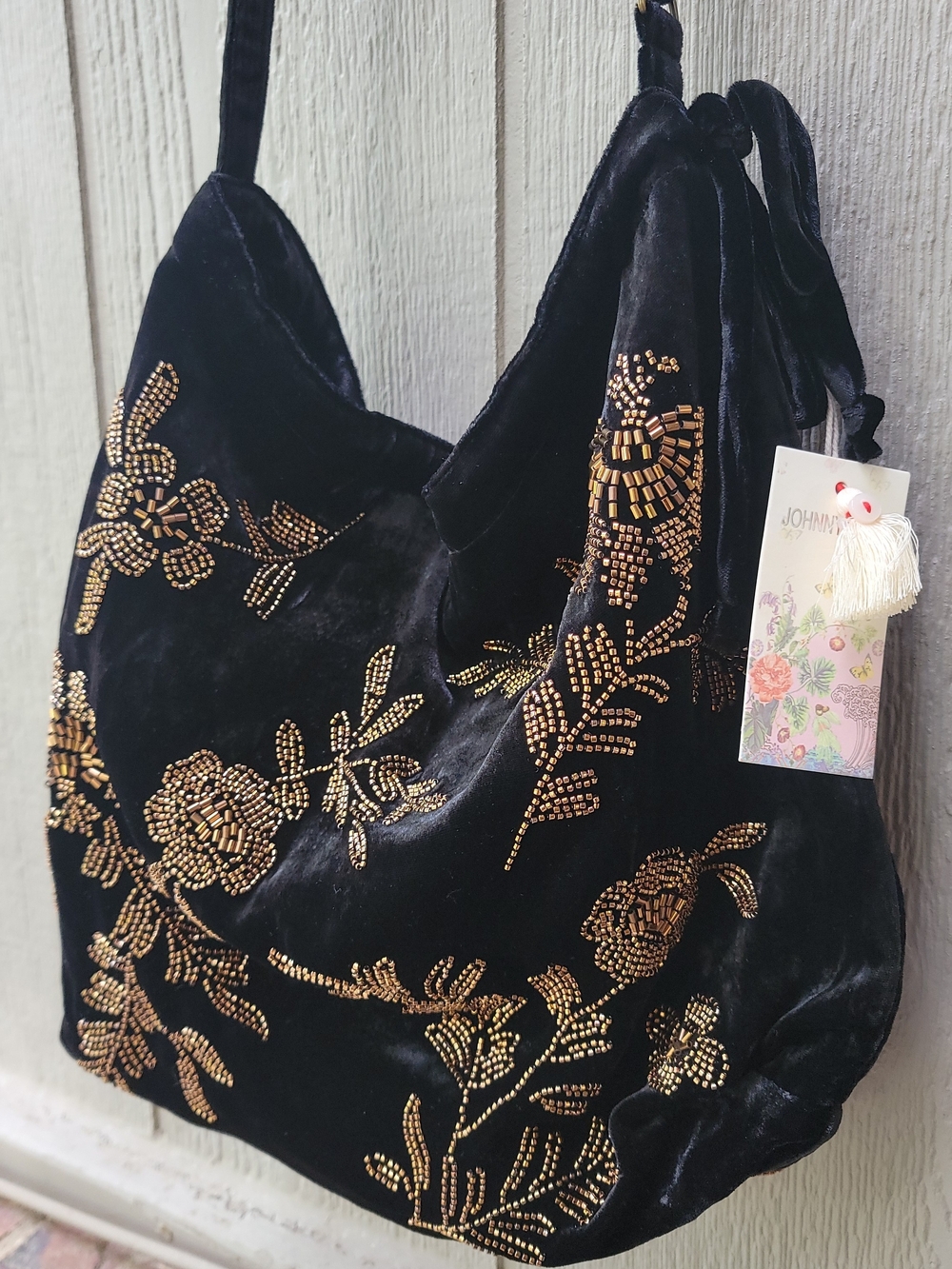 NWT Johnny Was Black Velvet TOTE Bag FEMKE with Gold Beaded Floral Embroidery